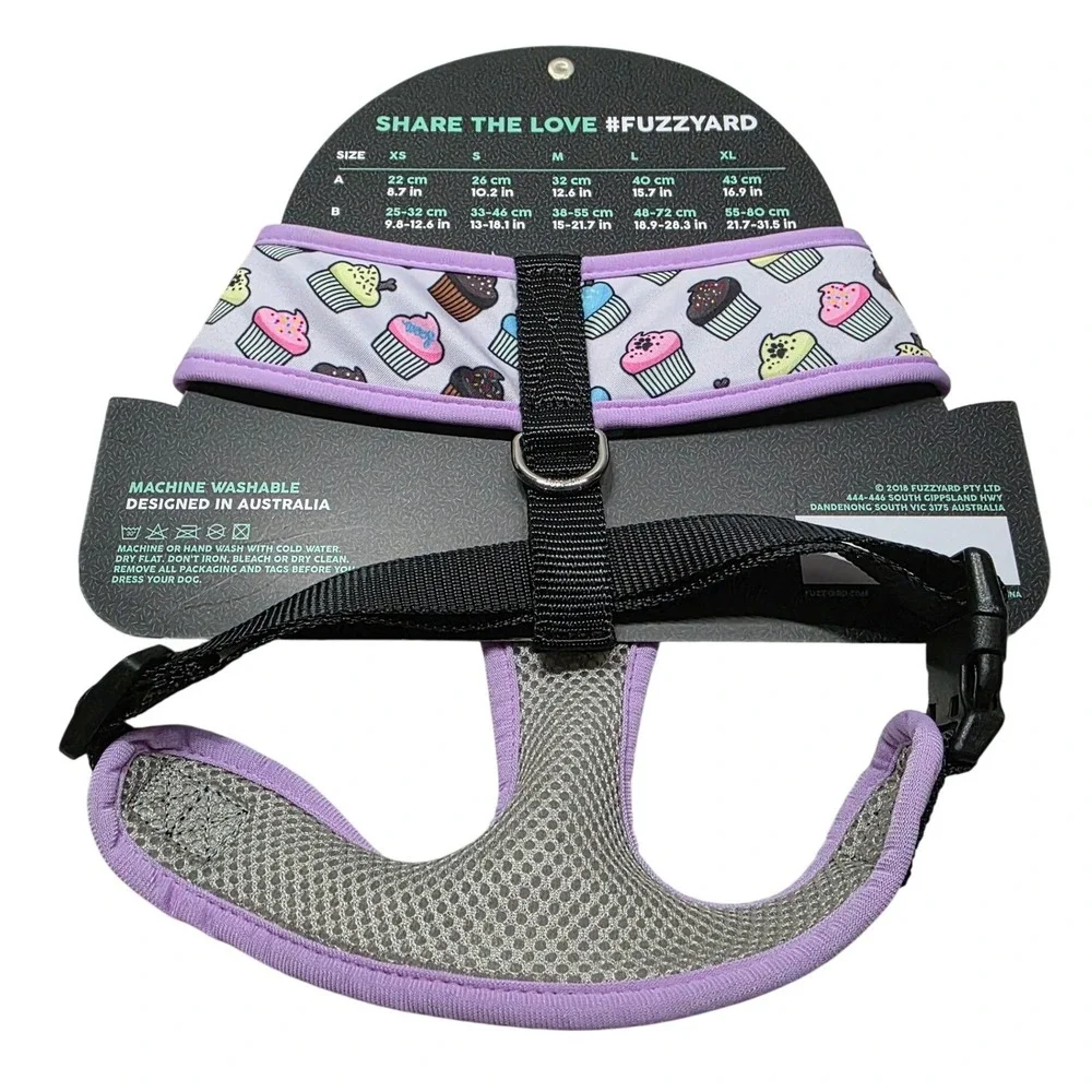 FuzzYard Dog Harness Large Cupcake Print Purple Trim Adjustable Soft Halter